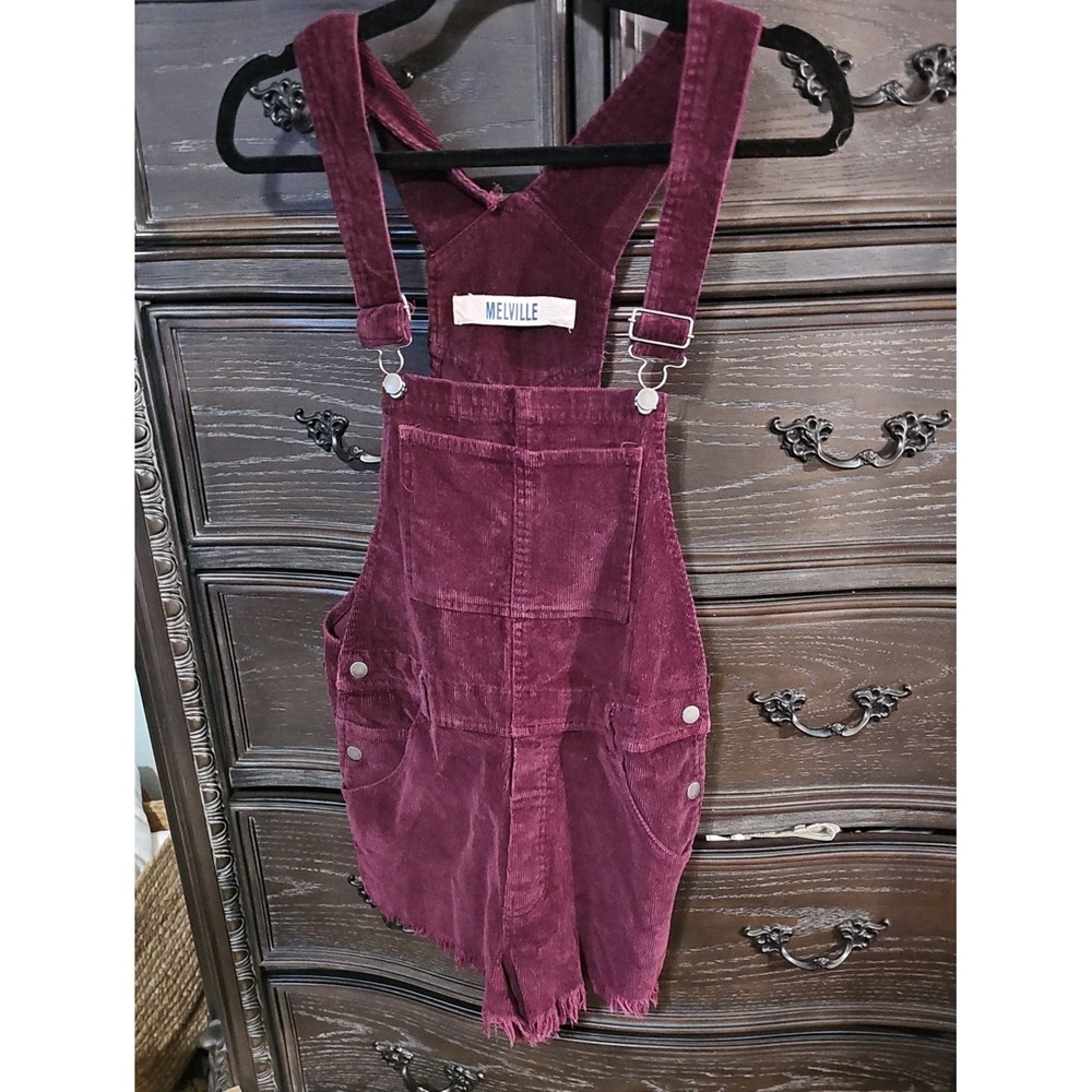 Melville Burgundy Corduroy Shortalls Frayed Hem Overalls Wine Red Size M